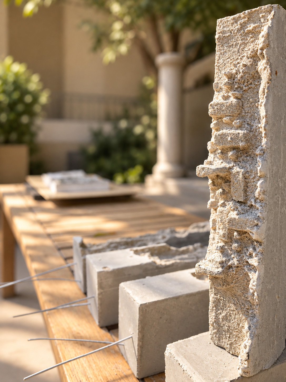 Pruebas de texturas en concreto: bloques y una torre con relieve sobre una mesa de madera