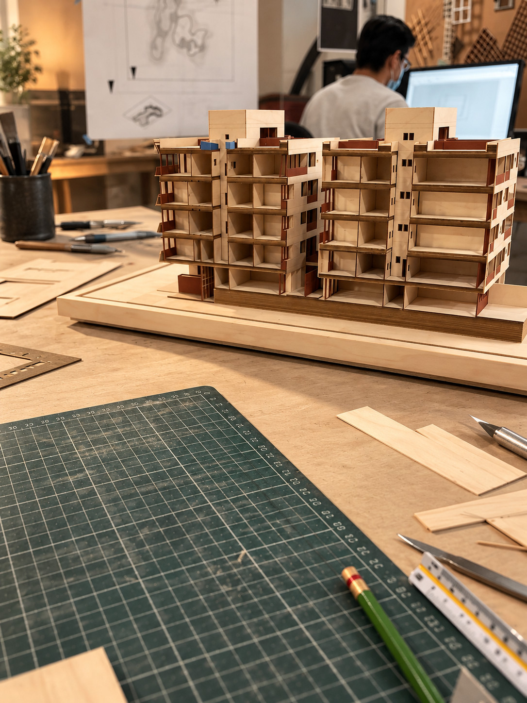 Maqueta de edificio de vivienda en madera sobre la mesa del taller, con tapete de corte y herramientas