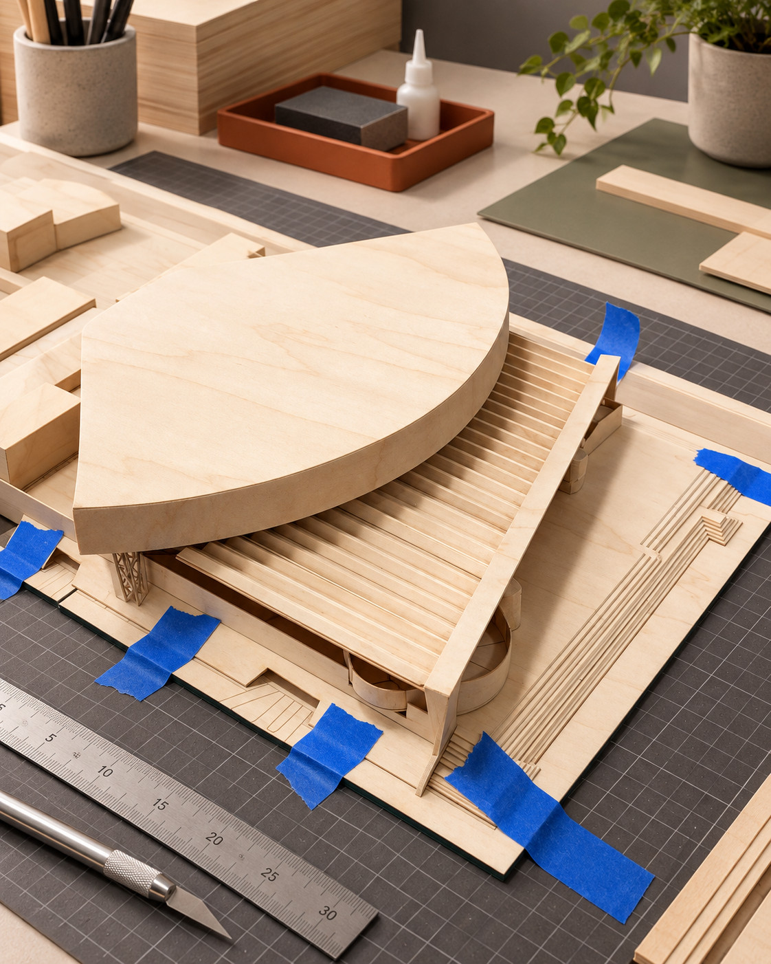 Maqueta en madera con cubierta curva durante el armado, sujeta con cinta azul sobre el tapete de corte
