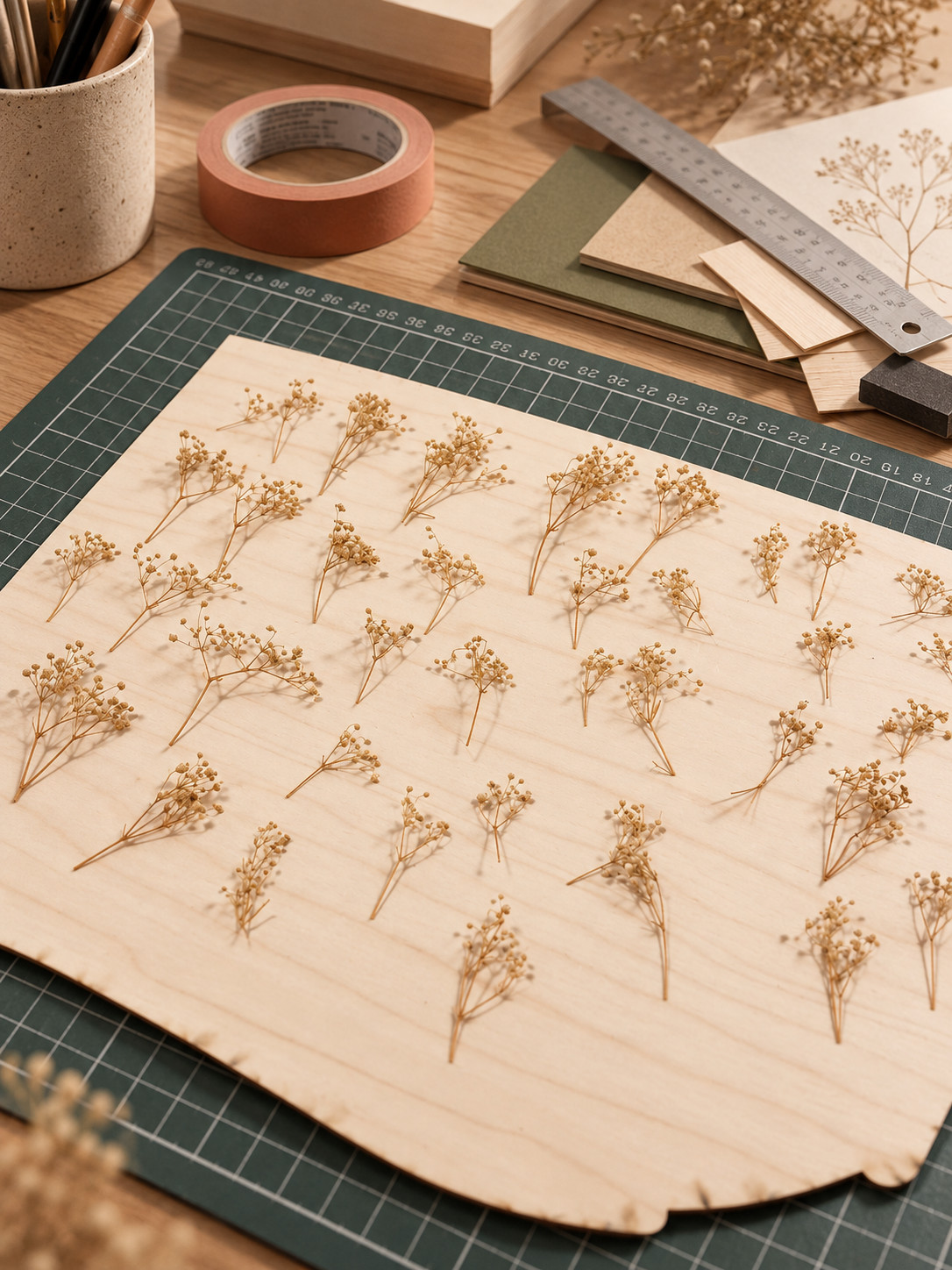 Ramitas secas acomodadas sobre una tabla de madera para hacer la vegetación de la maqueta