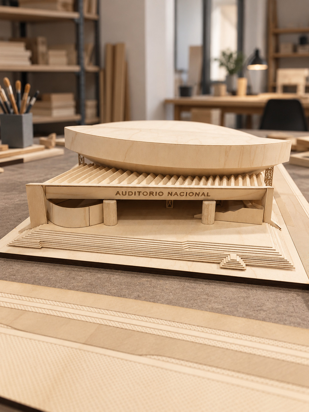 Maqueta en madera del Auditorio Nacional, vista frontal en el taller