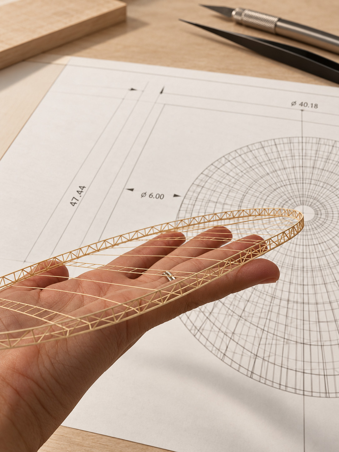 Mano sosteniendo una estructura de armadura en madera muy delgada sobre un plano técnico