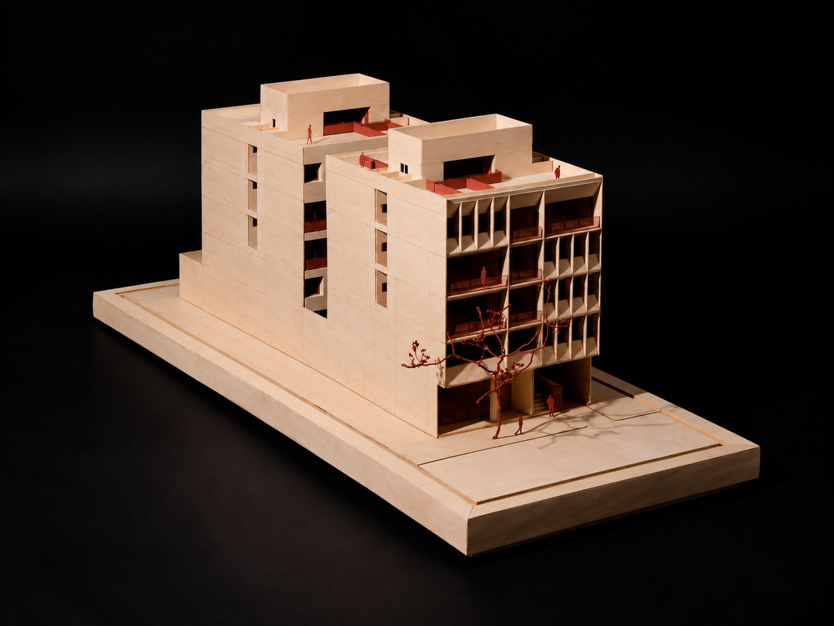 Maqueta de dos volúmenes de madera clara con terrazas en azotea, balcones rojos, un árbol rojo junto al acceso y figuras humanas, sobre fondo oscuro.