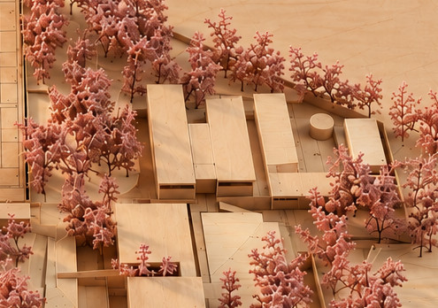 Maqueta de un conjunto de edificios de madera clara sobre una base con el plano grabado, con muchos árboles de follaje rosa, sobre un fondo terracota.