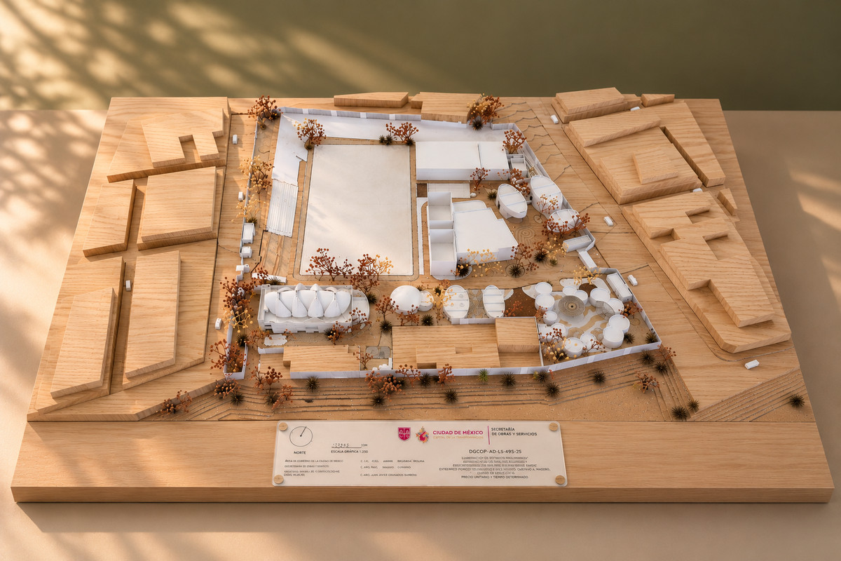 Maqueta de un predio con volúmenes blancos, cúpulas y pabellones circulares, árboles secos, rodeado de manzanas de madera y con una placa de datos al frente.