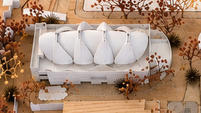 Cubierta de pétalos. La cubierta de pétalos blancos del edificio principal, con árboles secos alrededor.
