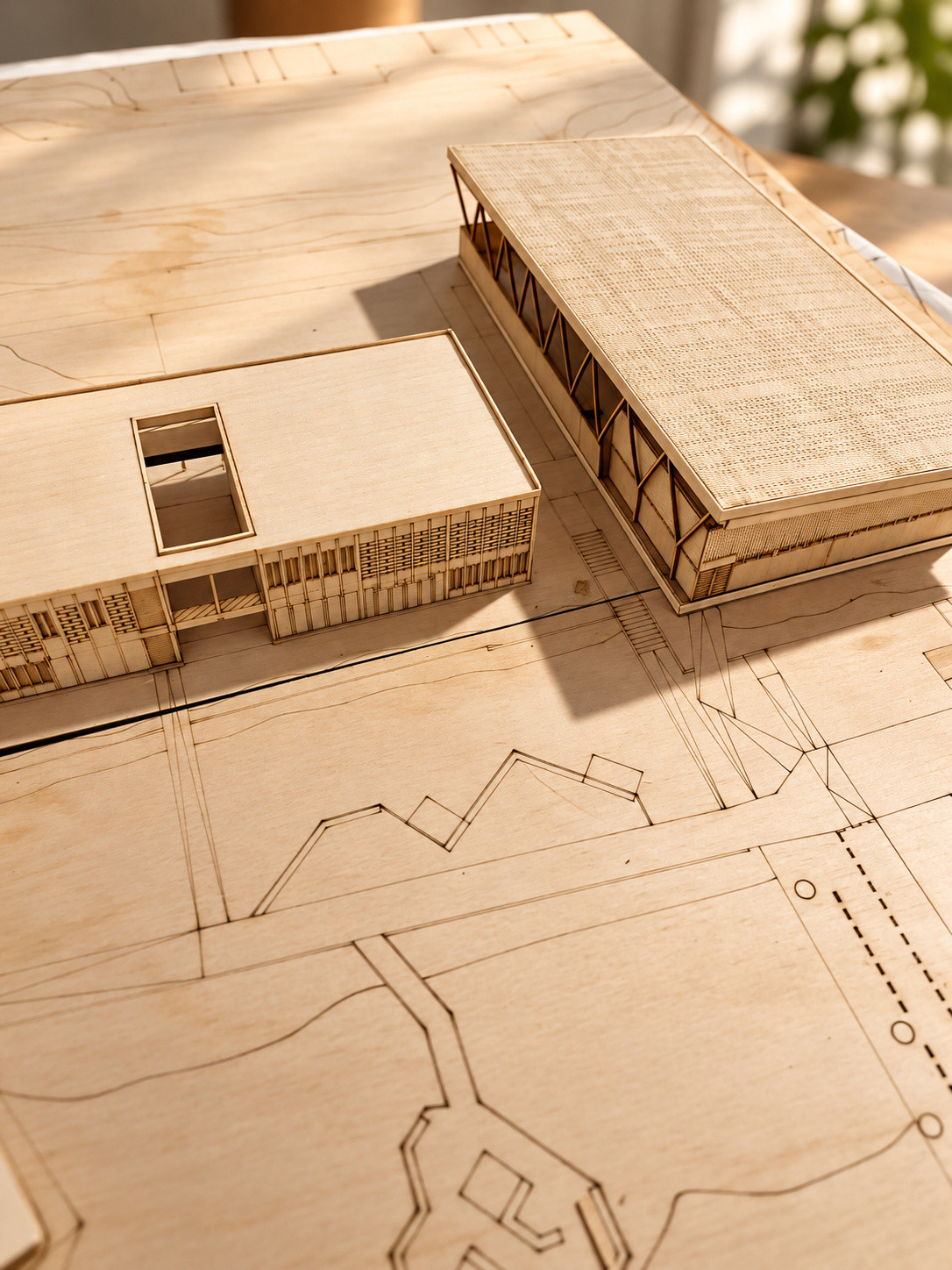 Proceso del modelo — Volúmenes de madera sobre el plano grabado.