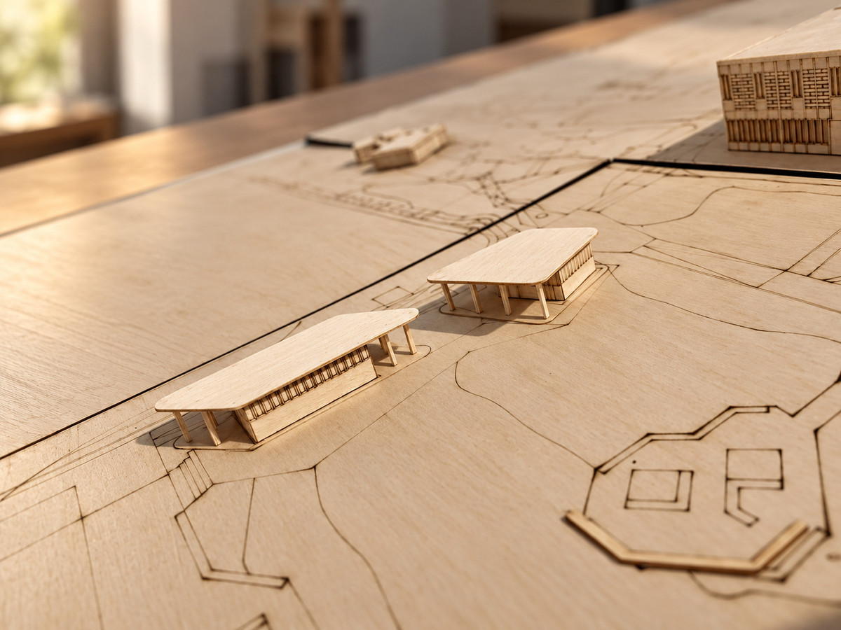 Proceso del modelo — Volúmenes de madera sobre el plano grabado.