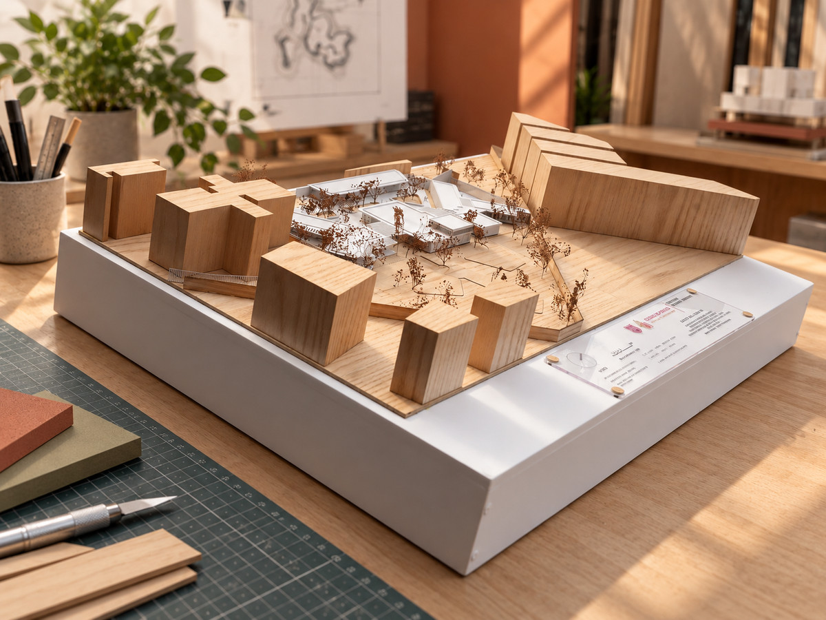 Proceso F44 — Maqueta terminada sobre su base blanca, en el taller.