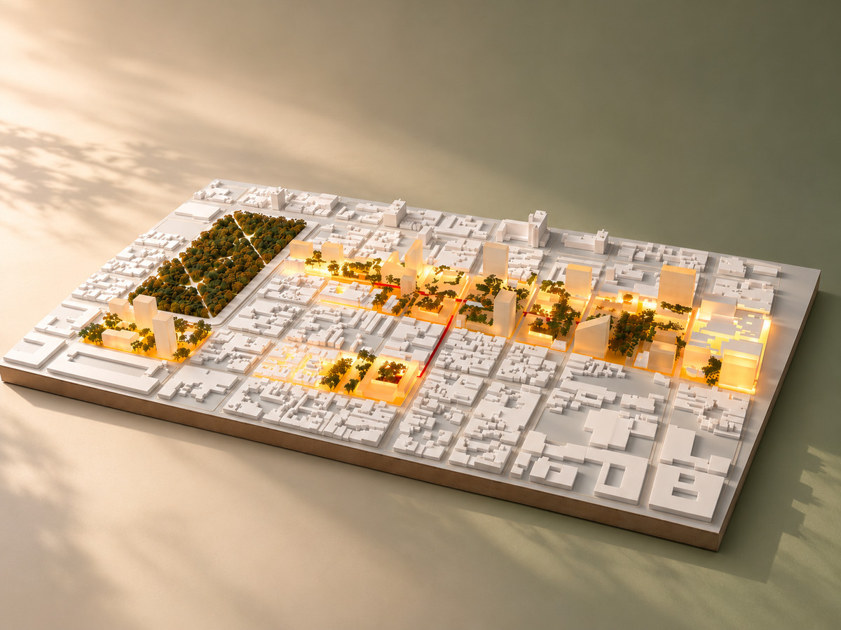 Maqueta urbana blanca con un parque de árboles oscuros y ejes y torres iluminados con luz cálida, sobre un fondo verde olivo con sombras de hojas.