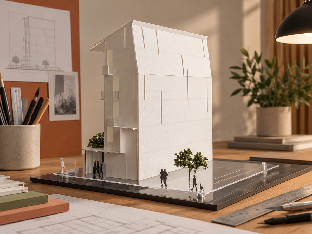 Edificio blanco con acrílico, árboles y figuras humanas sobre la mesa del taller