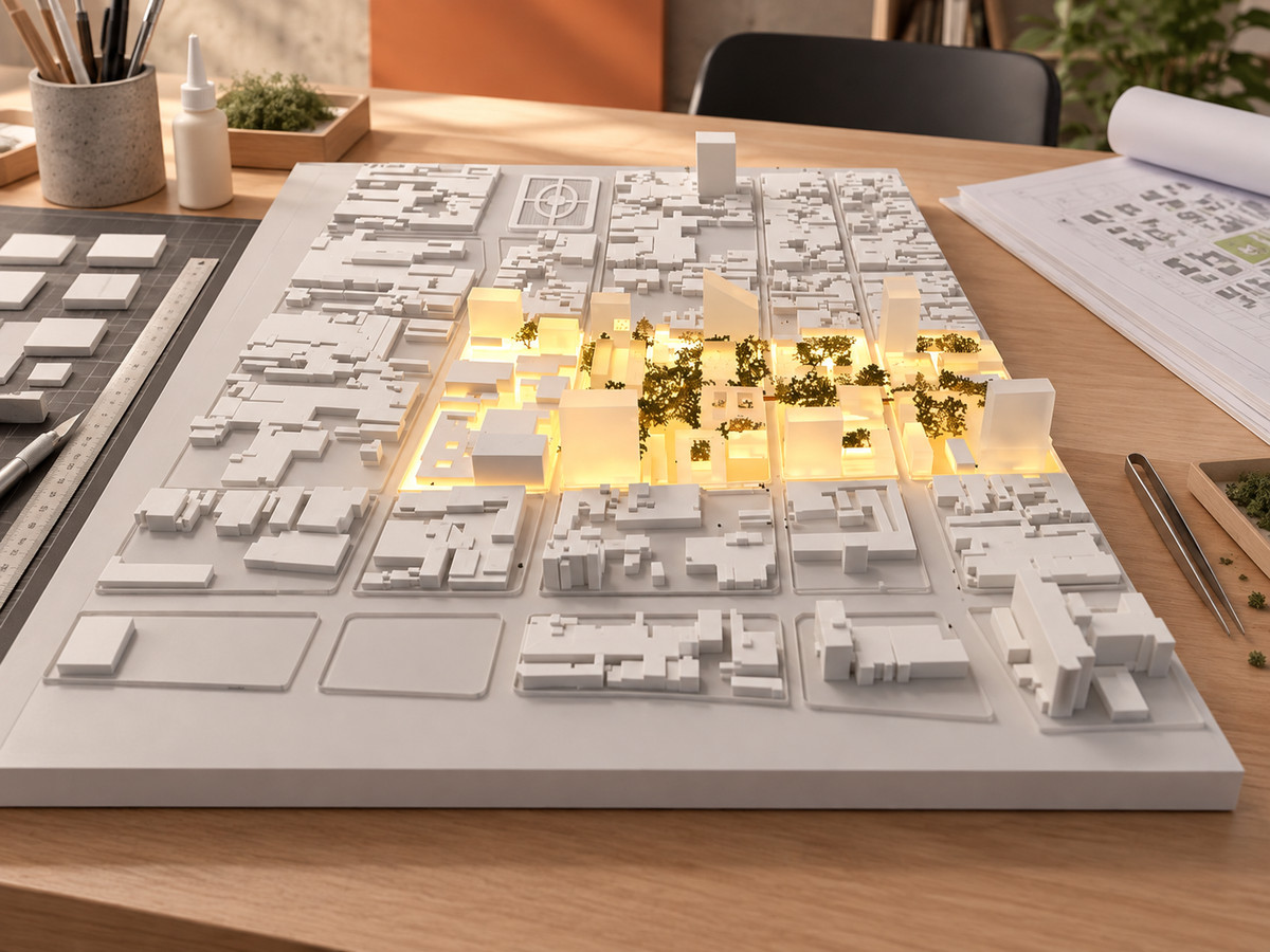 Maqueta urbana blanca con la zona de proyecto iluminada y vegetación, sobre la mesa de trabajo