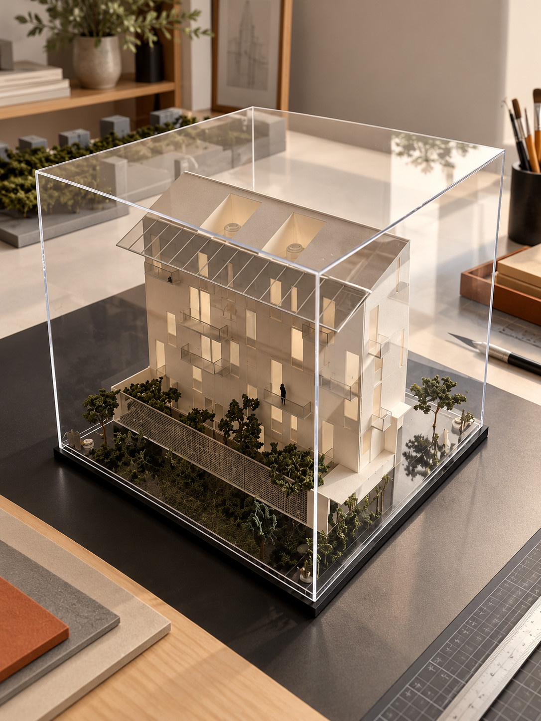 Edificio con vegetación protegido por una vitrina de acrílico transparente