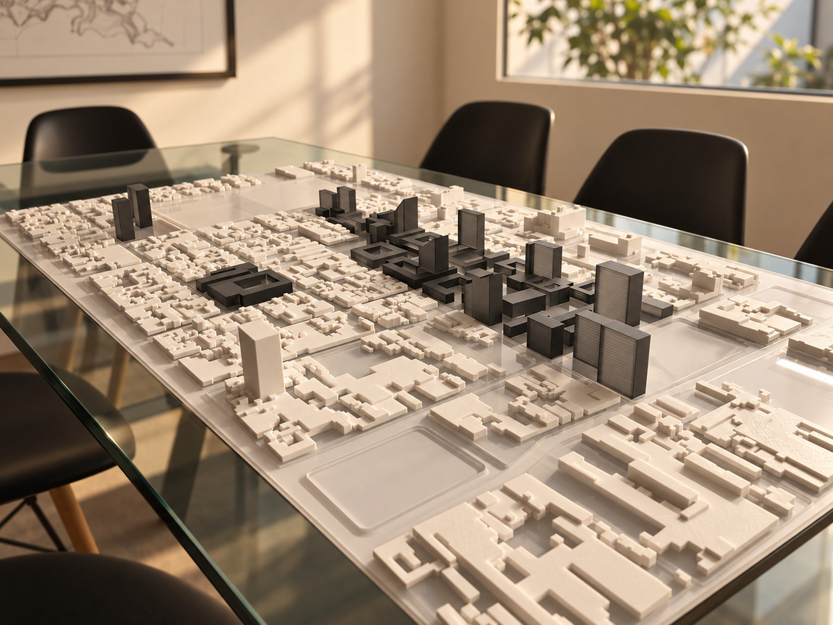 Maqueta urbana blanca con torres oscuras sobre una mesa de cristal