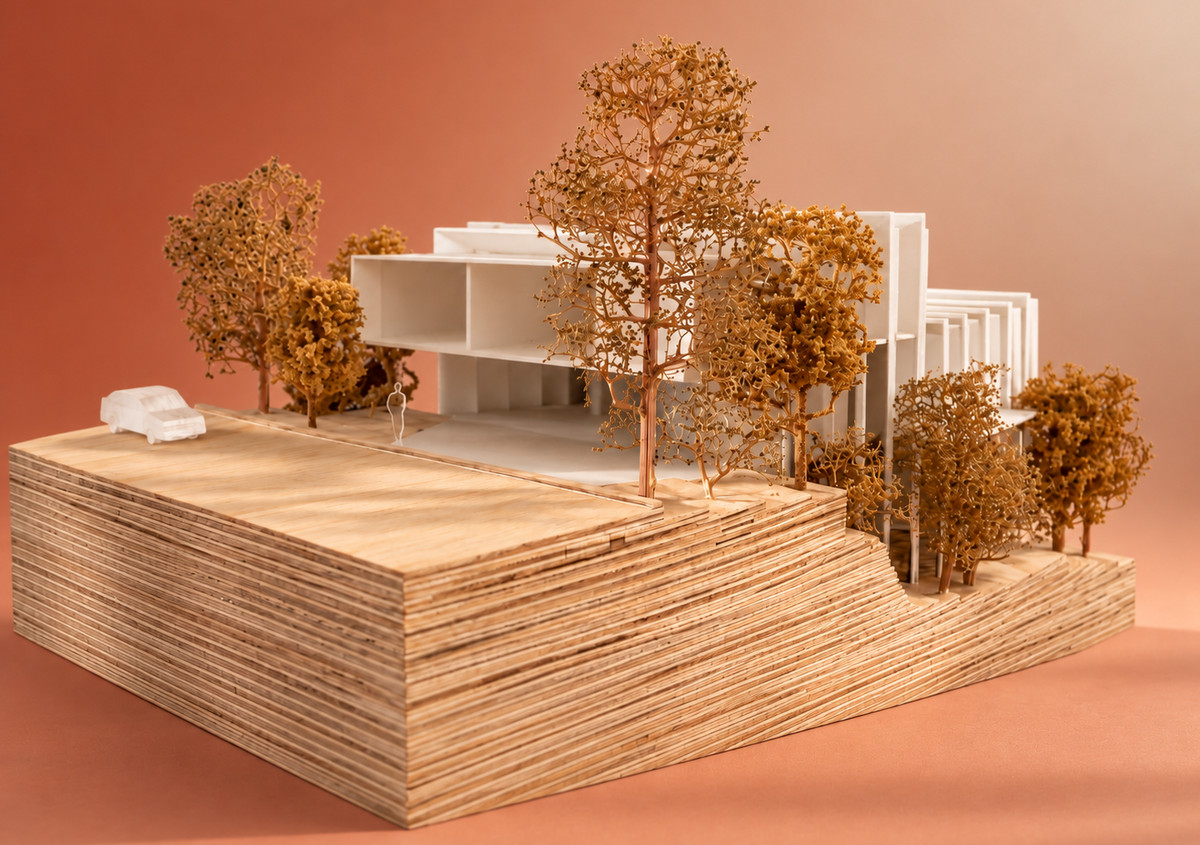 Maqueta con una base de triplay en capas que forma el terreno, un edificio blanco de losas abiertas y fachada plegada, un auto y una figura humana a escala, rodeado de árboles ocres, sobre un fondo terracota.