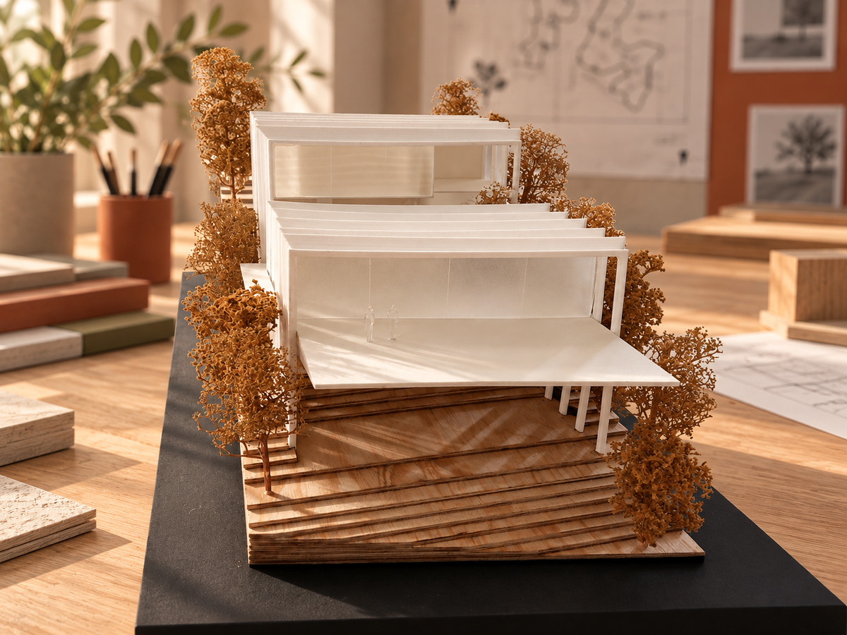 La maqueta terminada sobre la mesa del taller, con su base de triplay en capas y árboles ocres.